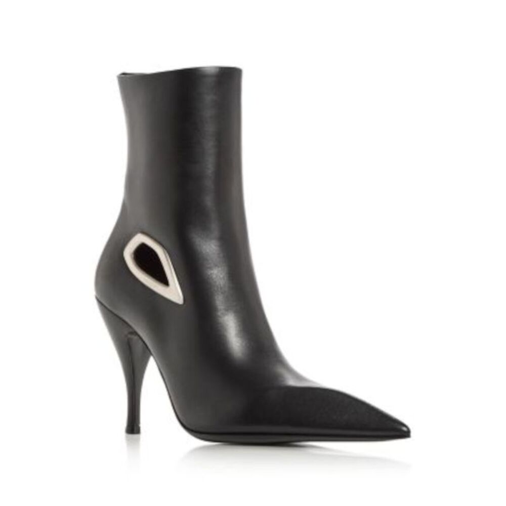 OFF WHITE Womens Black Lined Crescent Pointed Toe Stiletto Leather Booties 35